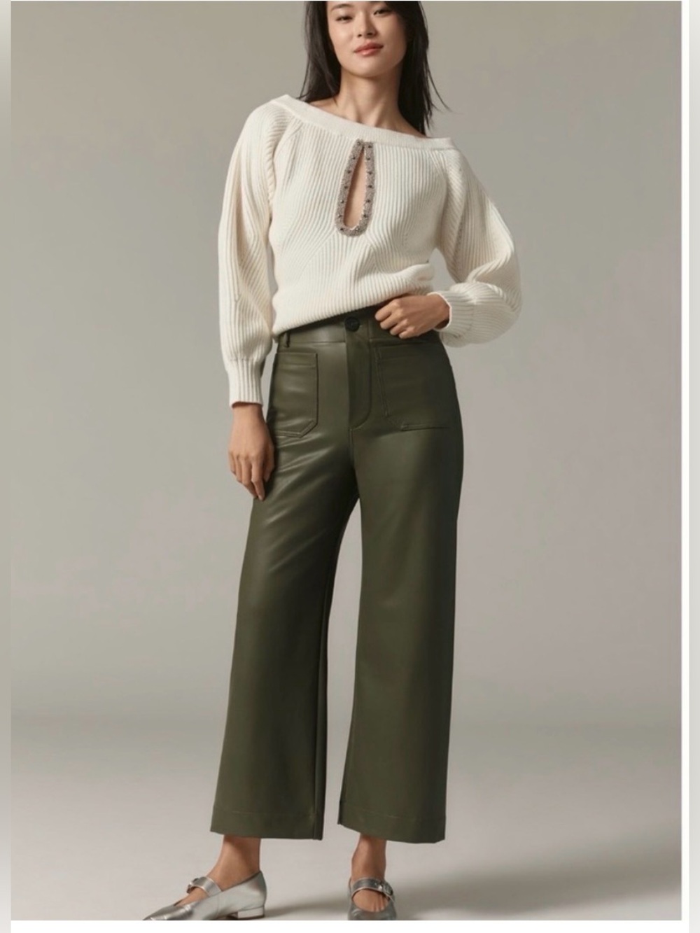 Anthropologie Maeve Colette Faux Leather Pants in Olive Green